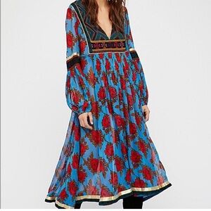 Free People Boho Bold Blooms Embroidered Metallic Hem Long Sleeve Maxi Dress